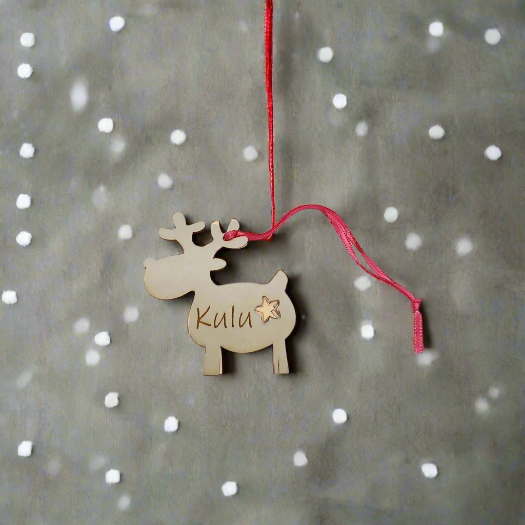 Personalised Wooden Christmas Tree Decoration with Reindeer Shape