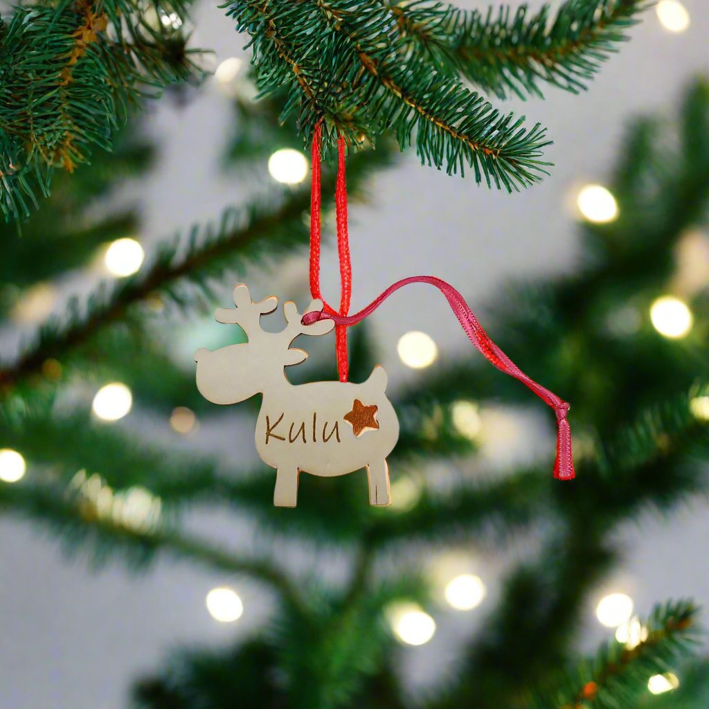 Personalised Wooden Christmas Tree Decoration with Reindeer Shape
