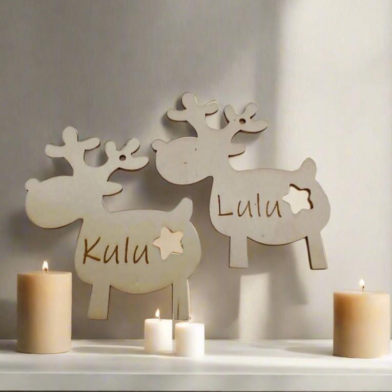 Personalised Wooden Christmas Tree Decoration with Reindeer Shape