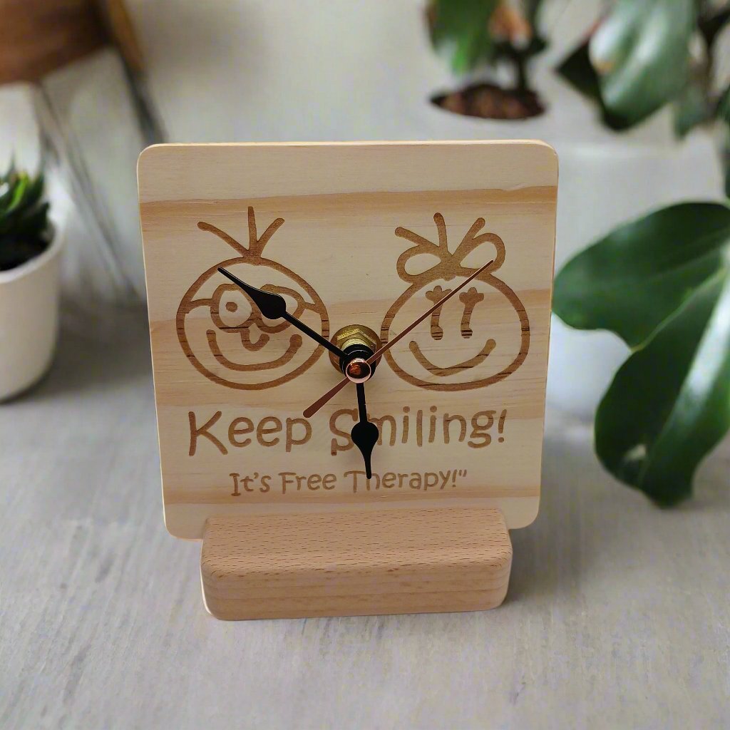 KEEP SMILING Wooden Clock for Home Decoration on Table Wall or Cabinet with Stand