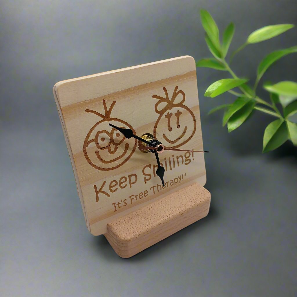 KEEP SMILING Wooden Clock for Home Decoration on Table Wall or Cabinet with Stand