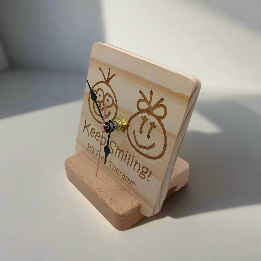 KEEP SMILING Wooden Clock for Home Decoration on Table Wall or Cabinet with Stand