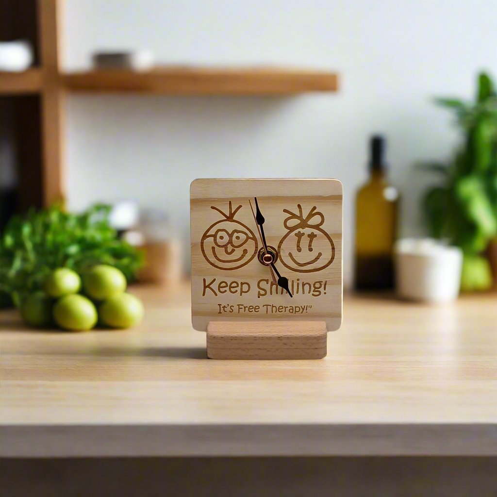 KEEP SMILING Wooden Clock for Home Decoration on Table Wall or Cabinet with Stand