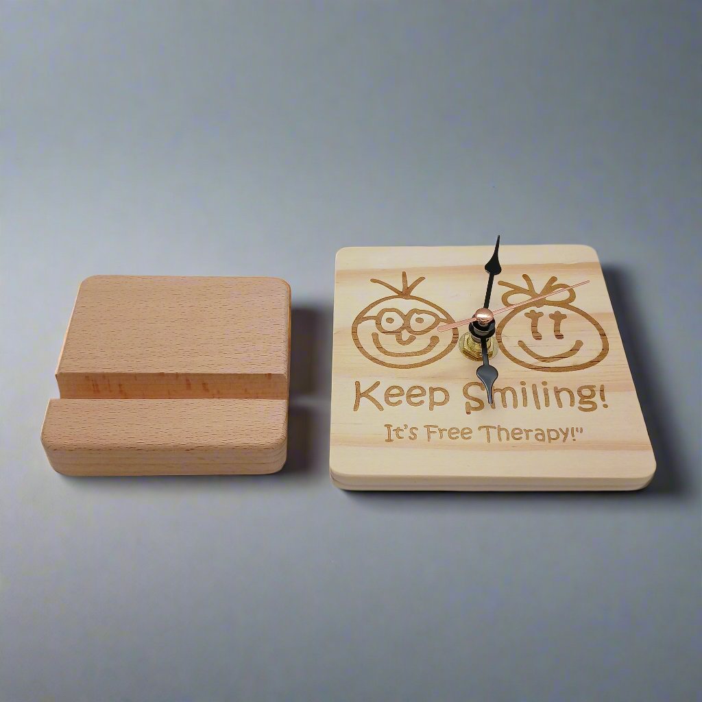 KEEP SMILING Wooden Clock for Home Decoration on Table Wall or Cabinet with Stand