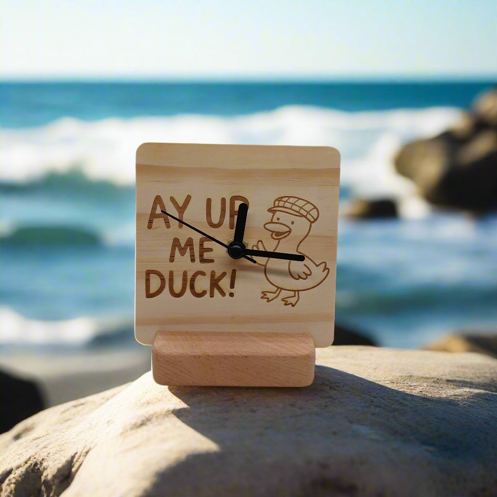 AY UP ME DUCK WOODEN CLOCK WITH STAND