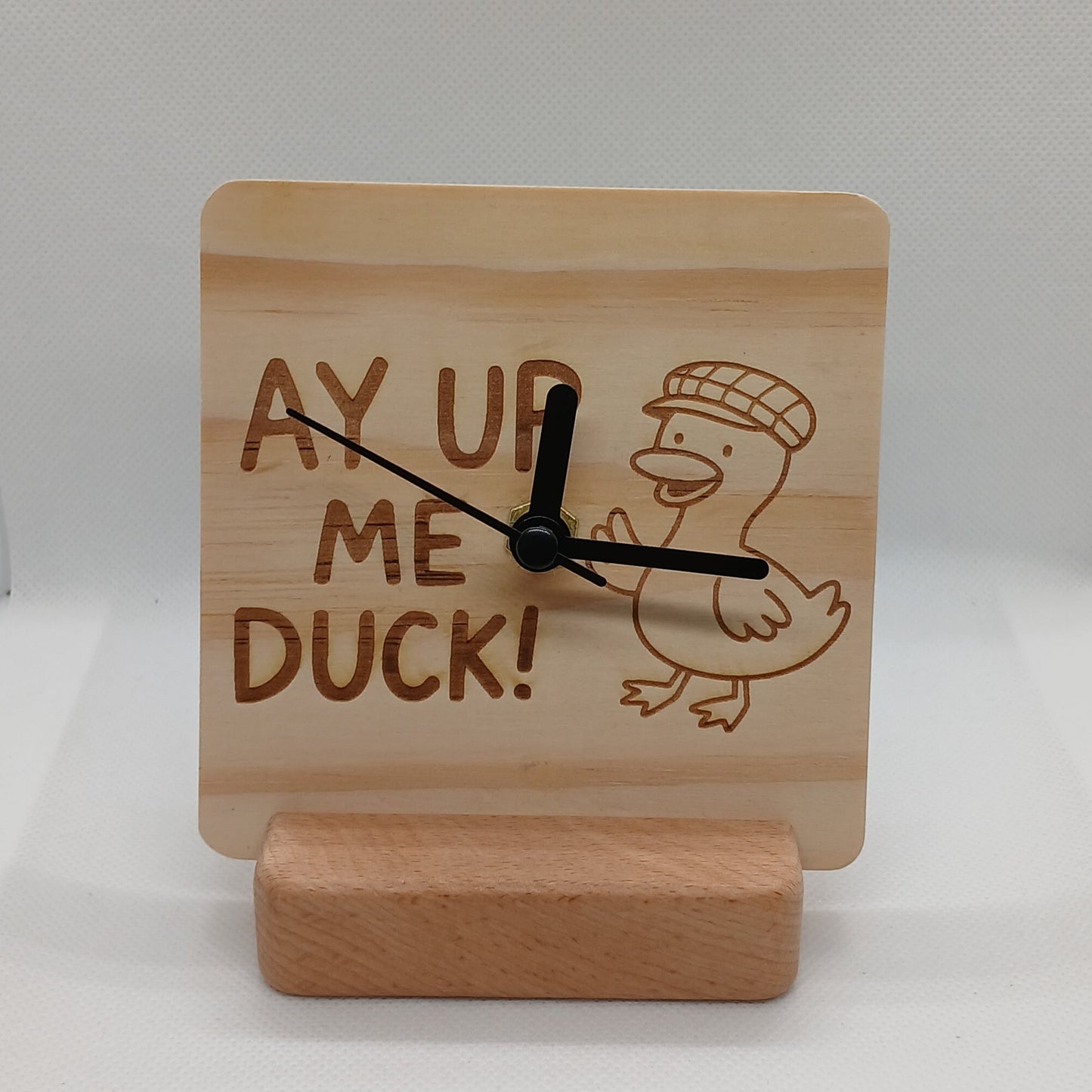 AY UP ME DUCK WOODEN CLOCK WITH STAND