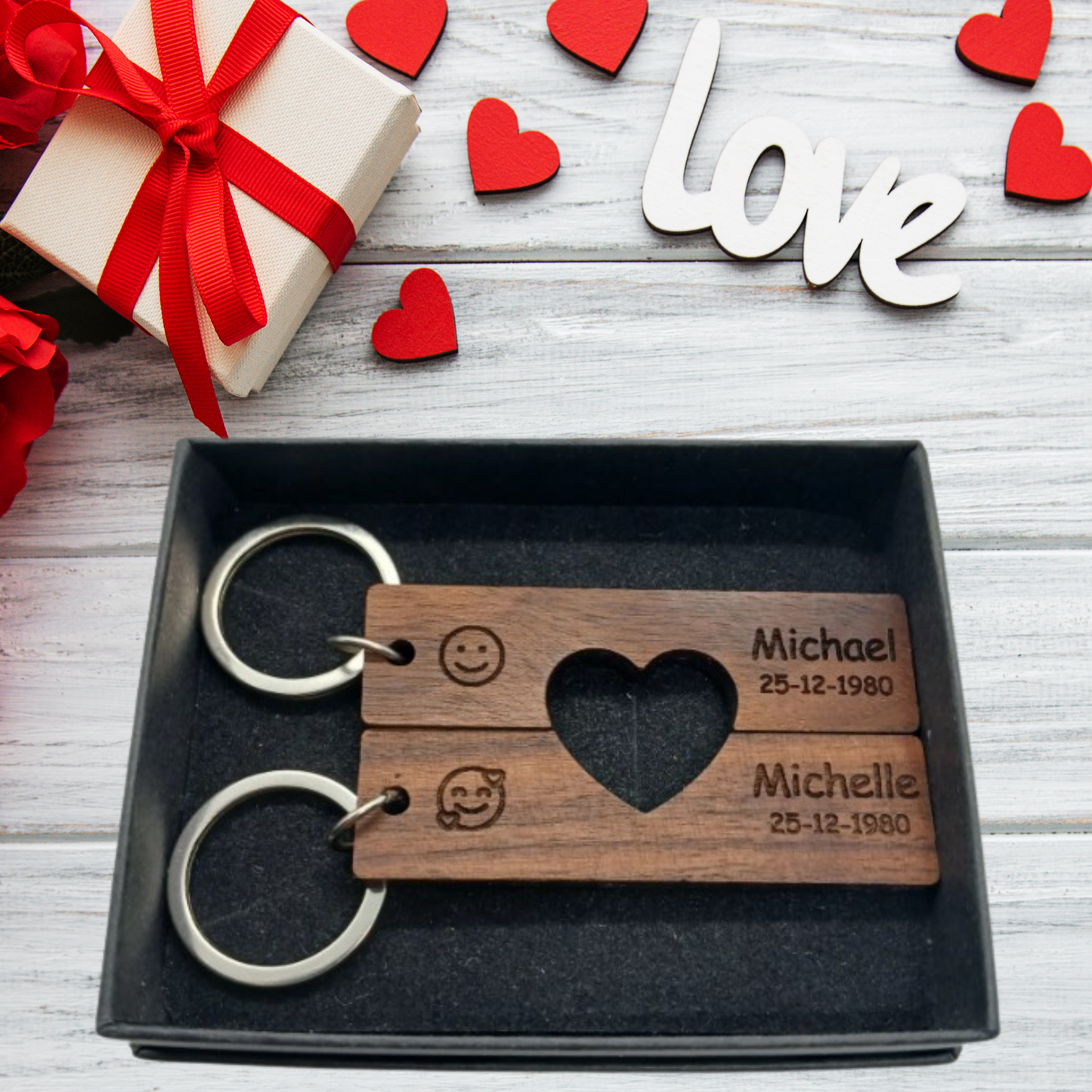 Personalisied Couple Key Rings with Heart Set