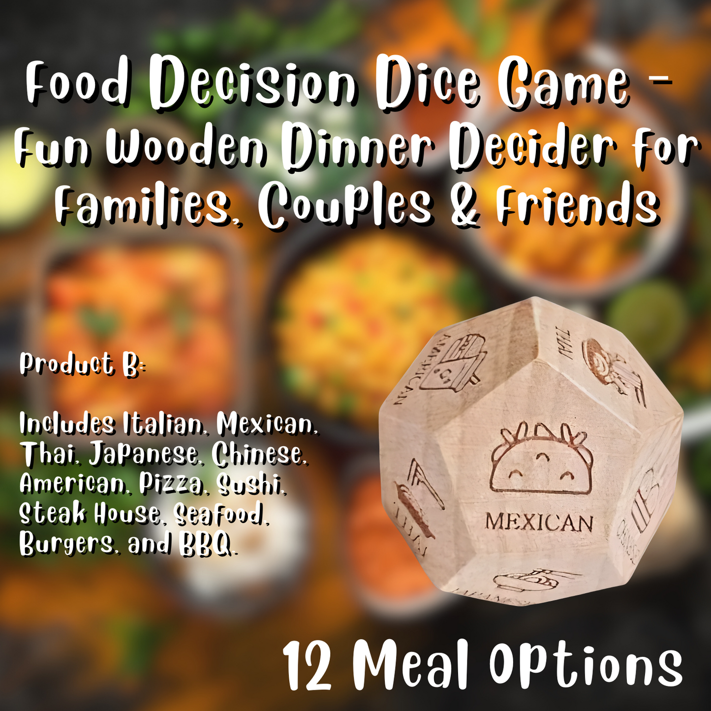 Food Decision Dice Game – Fun Wooden Dinner Decider for Families, Couples & Friends