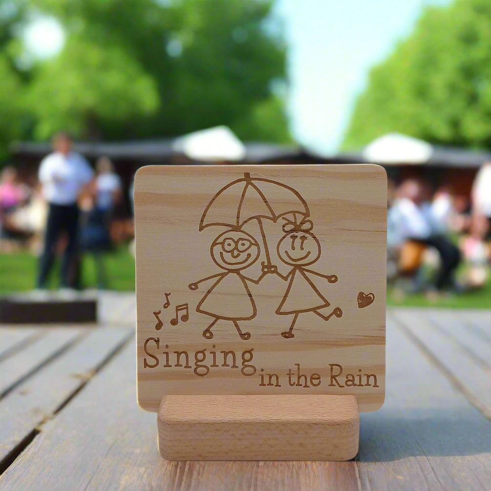 SINGING IN THE RAIN WOODEN MESSAGE BOARD WITH STAND HOLDER