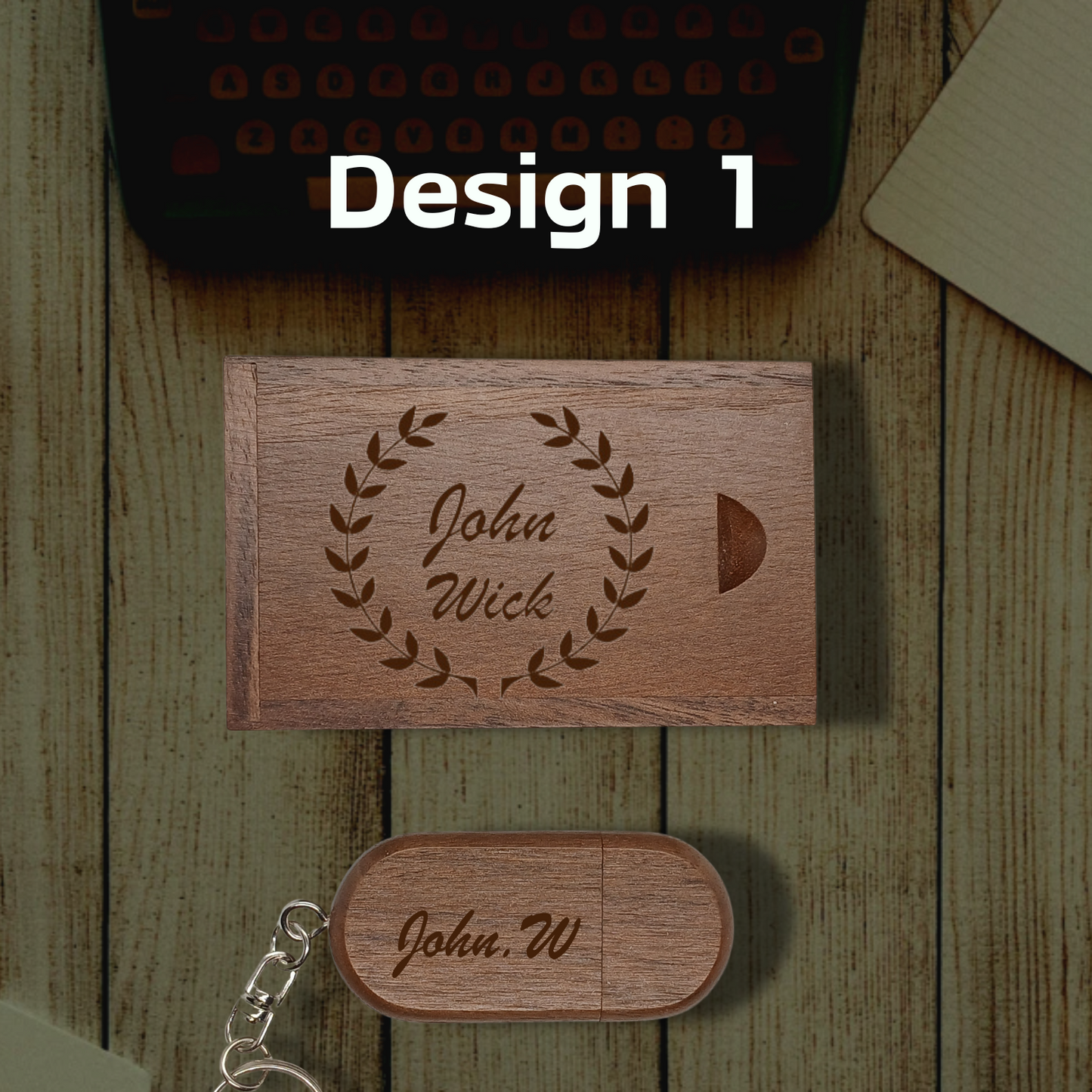 Personalised Wooden USB Memory Stick Key Ring with Box