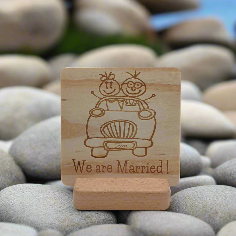 WE ARE MARRIED WOODEN MESSAGE BOARD WITH STAND HOLDER