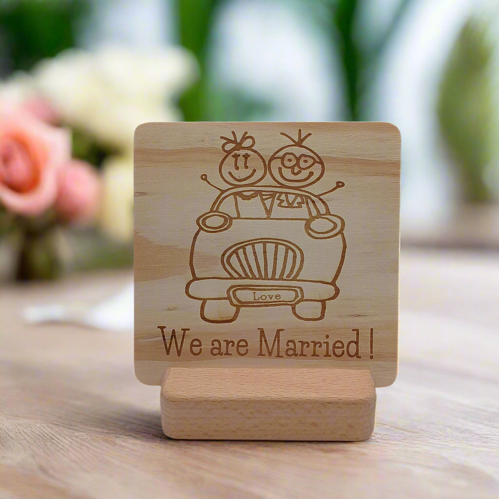 WE ARE MARRIED WOODEN MESSAGE BOARD WITH STAND HOLDER
