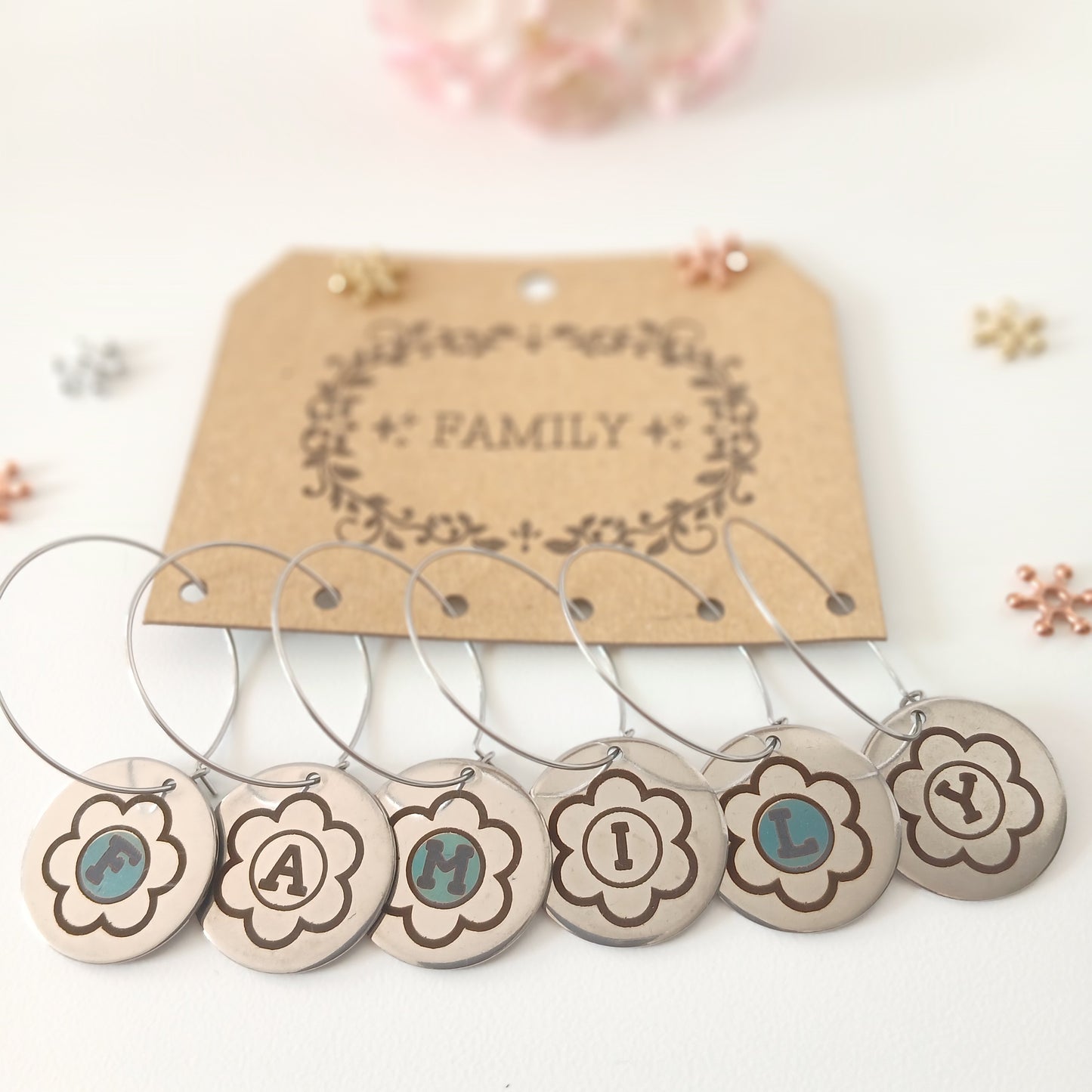 6 Pcs Set of Wine Glass Identifier with FAMILY Letters on Flower Pattern