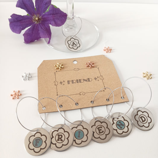 6 Pcs Set of Wine Glass Identifier with FRIEND Letters on Flower Pattern