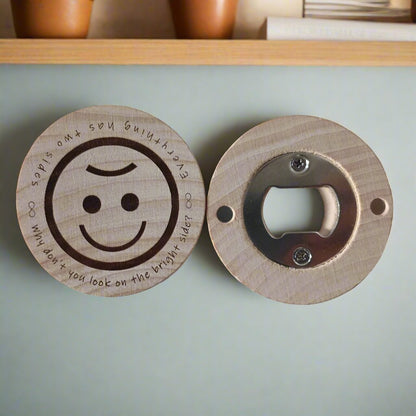 EVERYTHING HAS TWO SIDES WOODEN BOTTLE OPENER WITH MAGNET