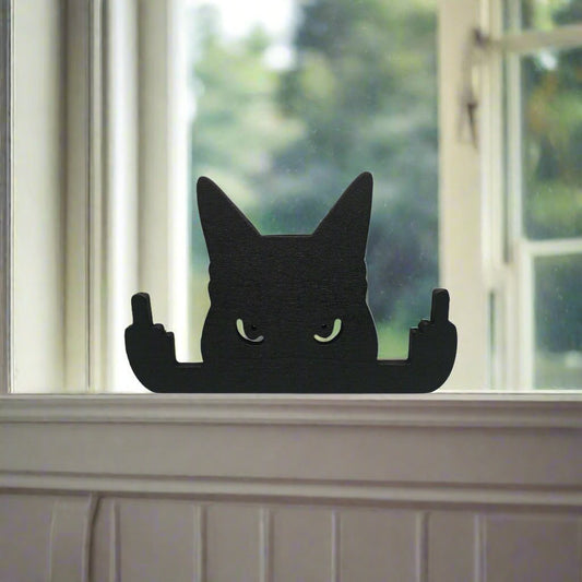 Black Cat with Middle Finger Funny Table or Window Decoration