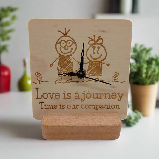 LOVE IS A JOURNEY Wooden Clock with Cute Lovely Charming Design with Stand