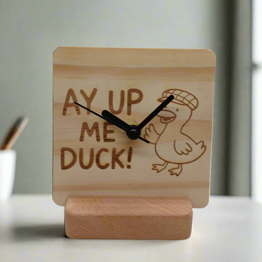 AY UP ME DUCK WOODEN CLOCK WITH STAND