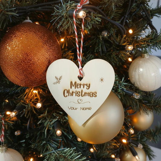 Personalised Wooden Christmas Tree Decoration Heart Shape Merry Christmas