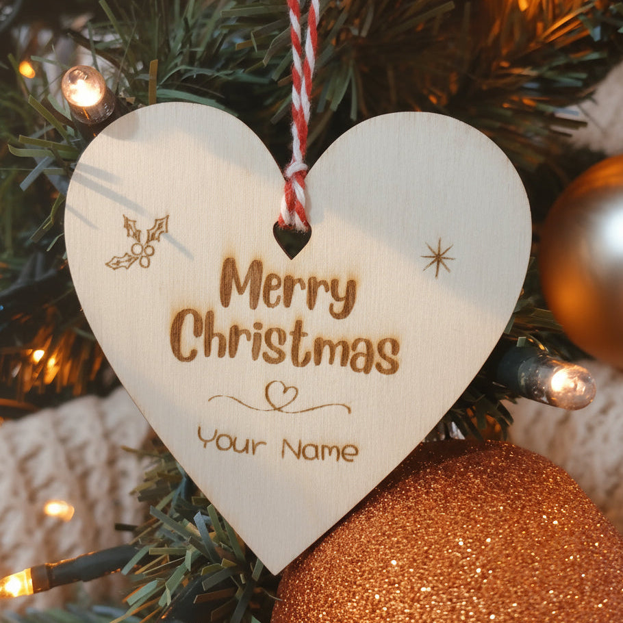 Personalised Wooden Christmas Tree Decoration Heart Shape Merry Christmas
