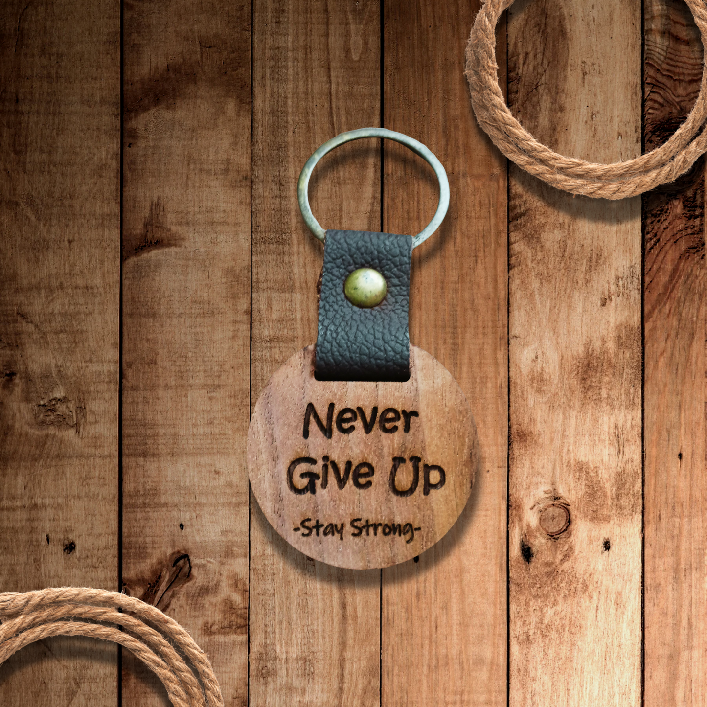 NEVER GIVE UP STAY STRONG Wooden Key Ring with Leather Strap