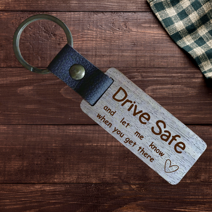 Drive Safe Rectangular Wooden Key Ring with Leather Strap