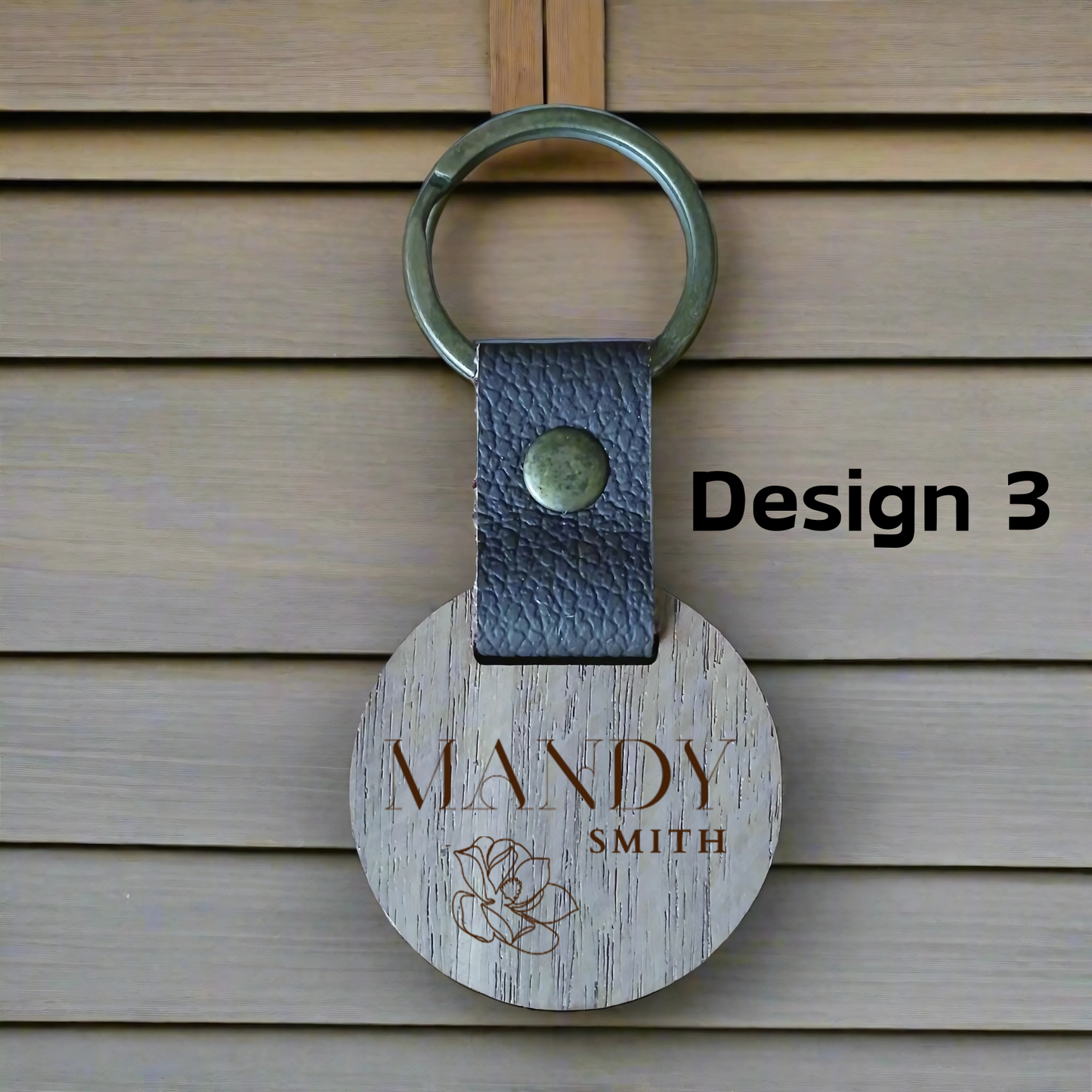 Personalised Circular Key Ring with Leather Strap