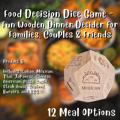 Food Decision Dice Game – Fun Wooden Dinner Decider for Families, Couples &amp; Friends