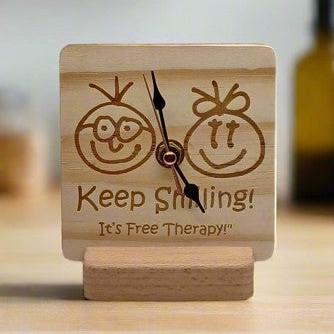 KEEP SMILING Wooden Clock for Home Decoration on Table Wall or Cabinet with Stand