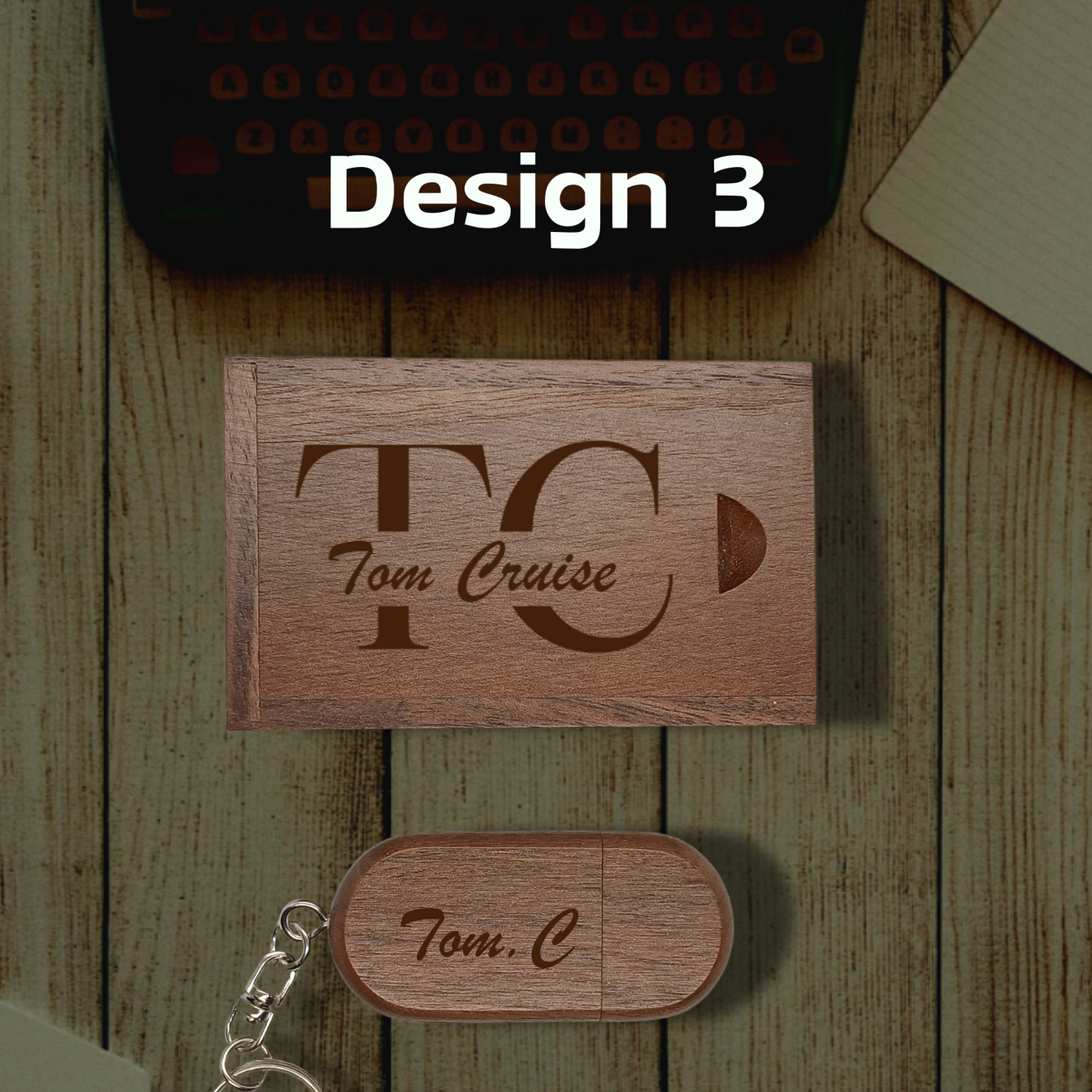 Personalised wooden USB Memory Stick Key Ring with box